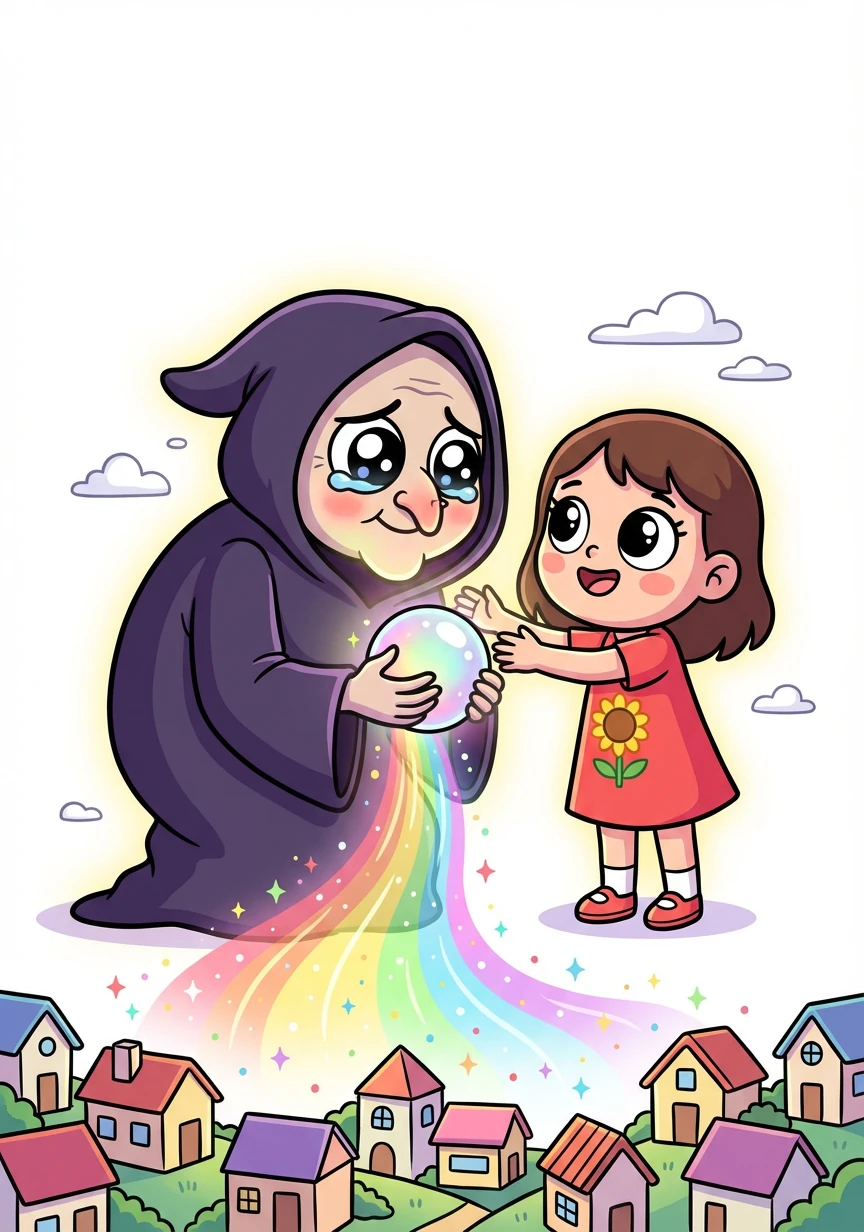 Si Penyihir Suram tersentuh oleh kebaikan Rina. Dia setuju untuk mengembalikan warna-warna itu ke desa dan berjanji tidak akan mencurinya lagi.