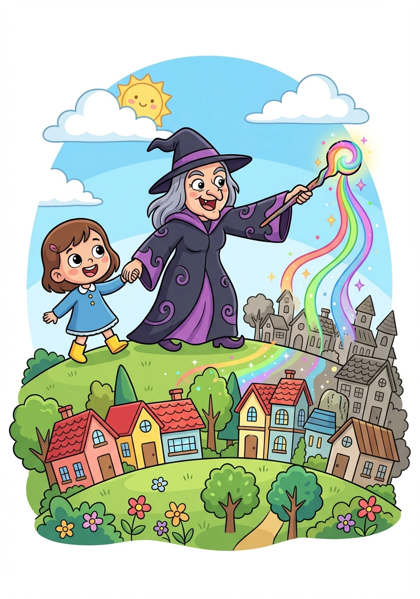 Rina dan si Penyihir Suram kembali ke desa. Dengan sihirnya, penyihir itu mengembalikan semua warna ke desa. Desa itu kembali menjadi cerah dan indah.