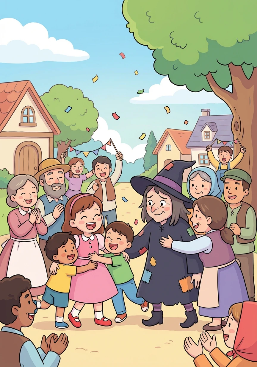 Rina dan si Penyihir Suram disambut dengan gembira oleh penduduk desa. Mereka semua menjadi teman dan hidup bahagia selamanya. Rina belajar bahwa persahabatan bisa mengalahkan kesepian dan membawa kebahagiaan.