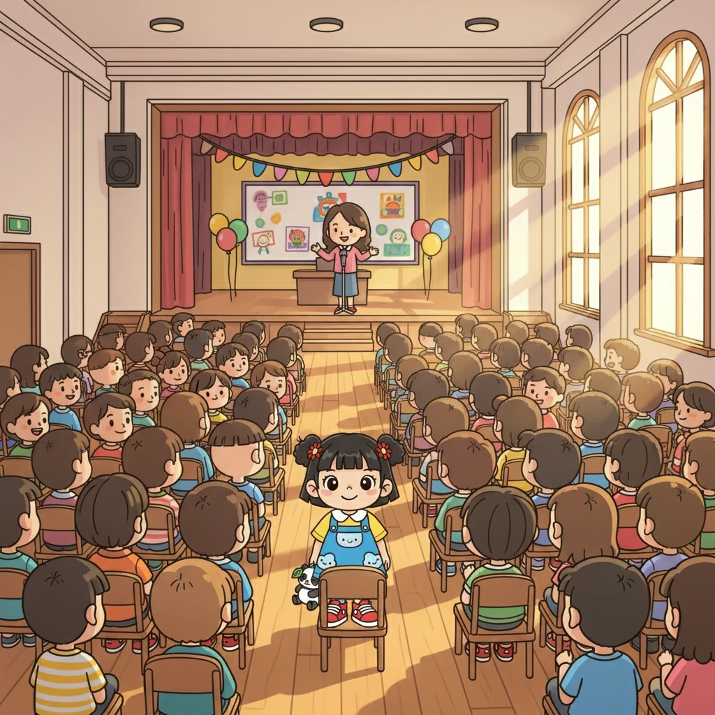 开学的第一天,小雅和同学们怀着激动的心情来到了学校。礼堂里坐满了人,大家都等待着迎新会的开始。阳光透过窗户洒进来,照亮了每个人的脸庞,充满了期待。