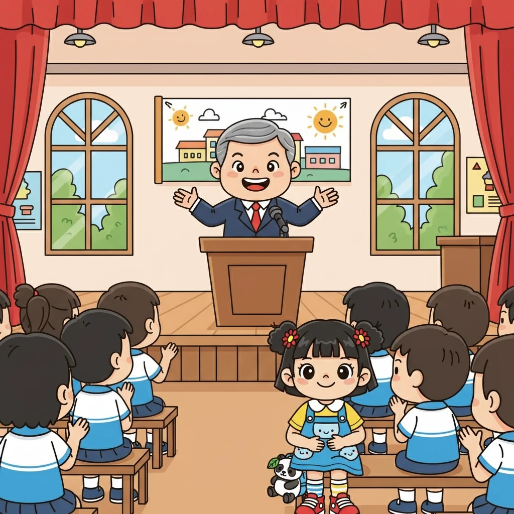 校长站在讲台上,热情地欢迎着新生们的到来。他的声音充满了活力,鼓励着大家在新的学校里勇敢地探索。小雅听得很认真,心里充满了对未来的憧憬。