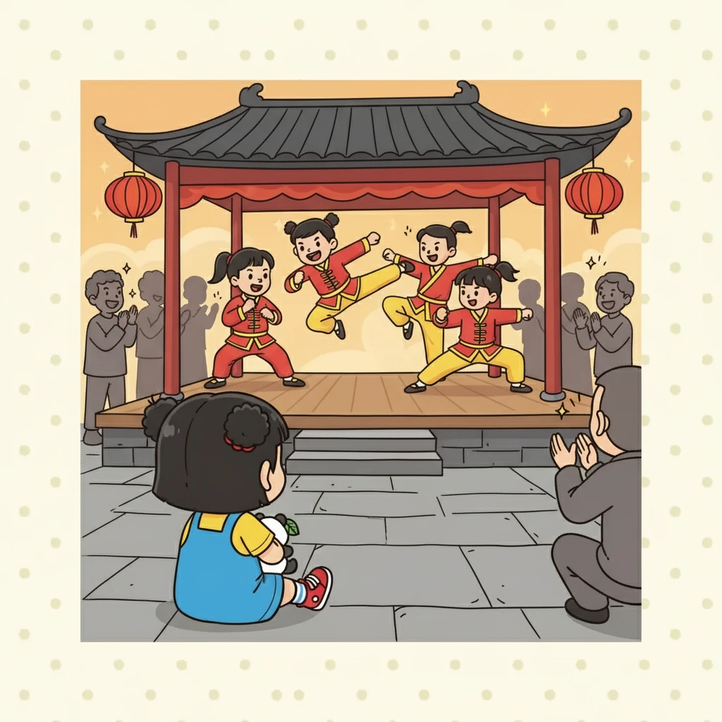 精彩的武术表演开始了,师哥师姐们在台上展示着各种高难度的动作。他们的身手矫健,赢得了一阵阵掌声。小雅看得目不转睛,对武术产生了浓厚的兴趣。