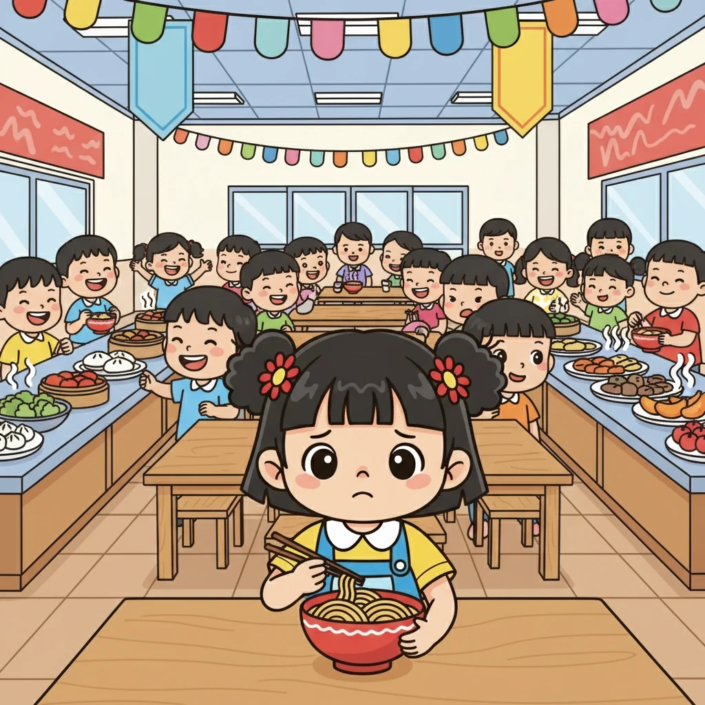 午餐时间到了,小雅和同学们一起到食堂吃饭。食堂里摆满了各种各样的美食,空气中弥漫着诱人的香味。小雅有点害羞,独自一人默默地吃着饭。