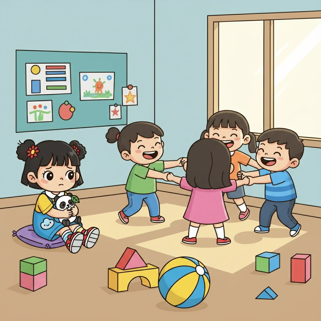 下午,同学们一起玩起了破冰游戏。小雅因为害羞,不敢主动和同学们交流。她一个人坐在角落里,看着大家热闹地玩耍。