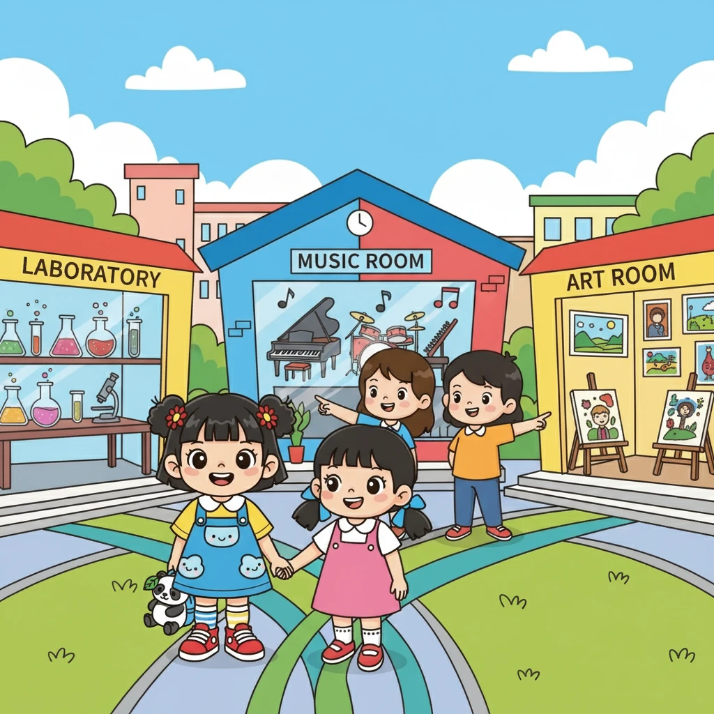 师哥师姐们带领大家参观校园,小雅和慧璇手牵着手,一起探索着学校的每个角落。她们看到了实验室,音乐室和美术室,对未来的学习生活充满了期待。