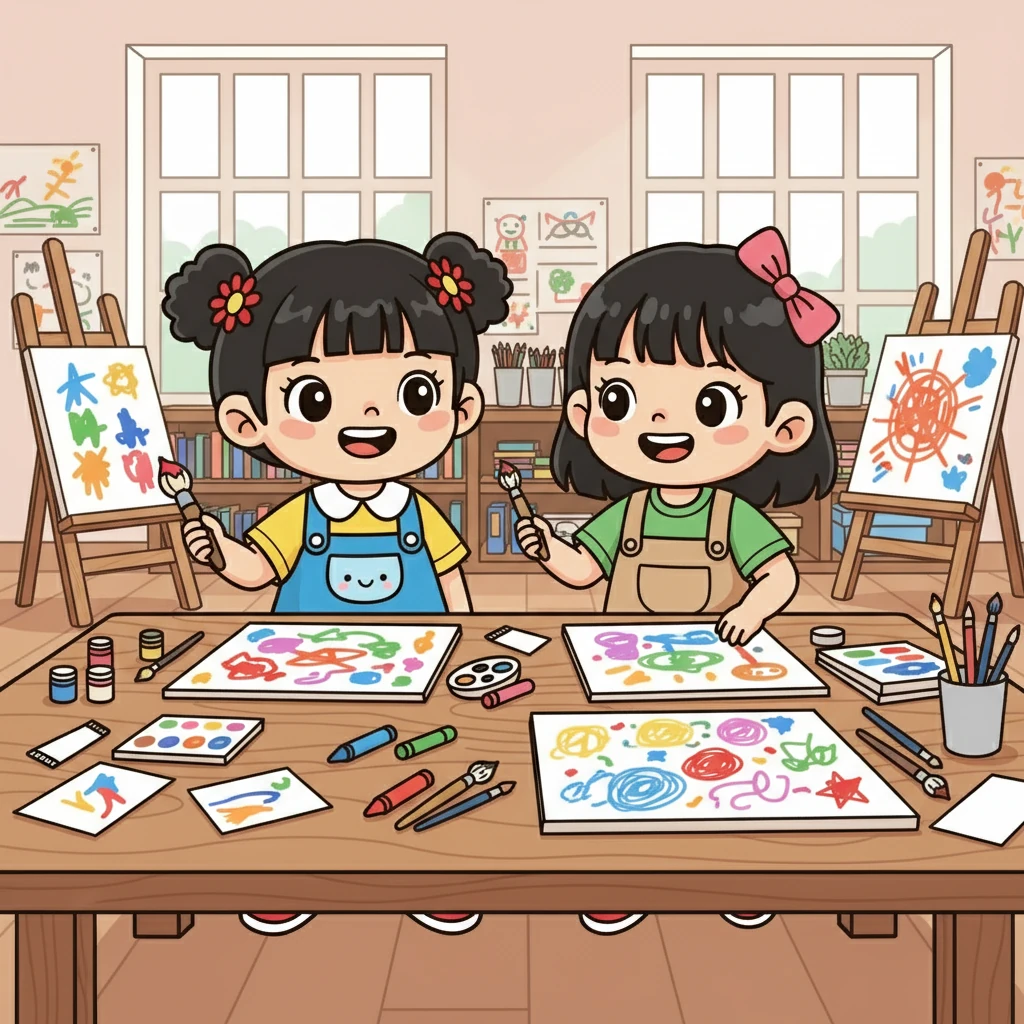 小雅和慧璇一起在美术室里画画,她们互相分享着自己的想法和创意。她们的笑声回荡在教室里,充满了快乐和友谊的味道。