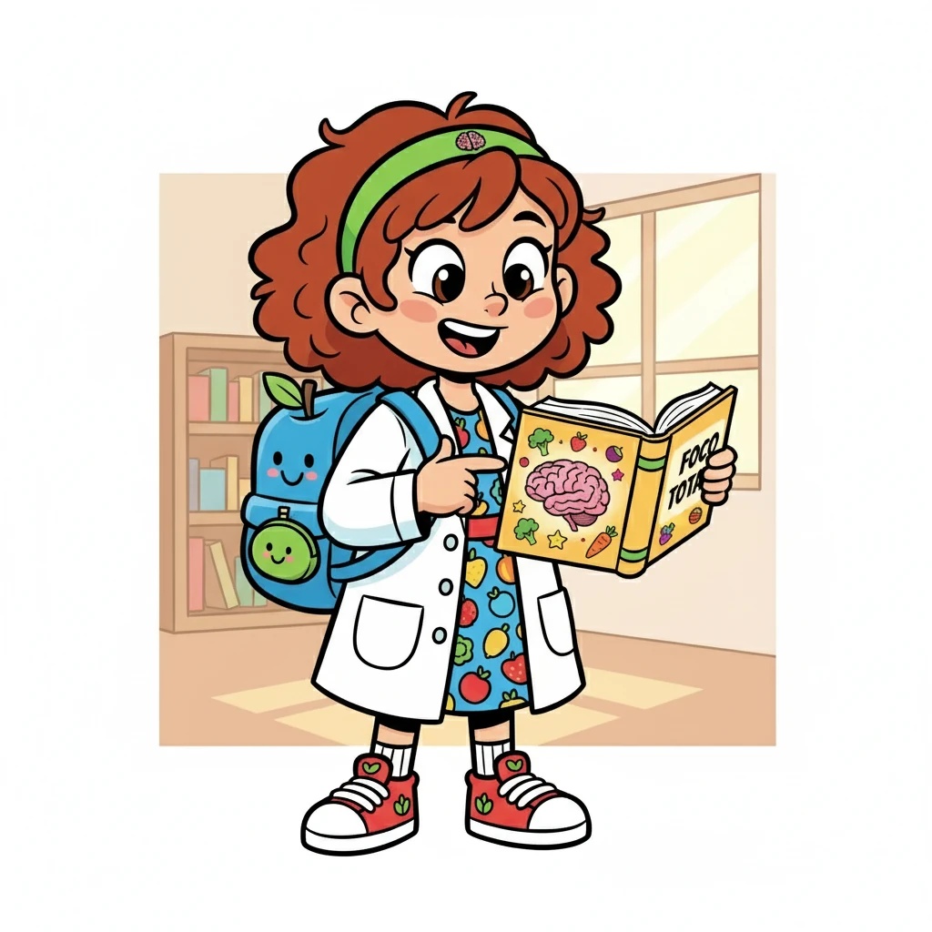 Um dia, a mãe de Sofia lhe deu um livro especial chamado 'Foco Total'. A capa mostrava um cérebro brilhante e vibrante, cercado por alimentos saudáveis e vitaminas. Sofia sentiu uma pontada de curiosidade.