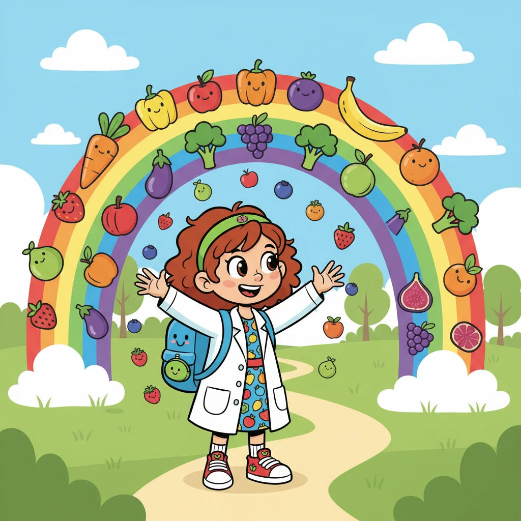 A primeira página do livro falava sobre o poder dos alimentos coloridos. Sofia imaginou um arco-íris de frutas e vegetais, cada um com seus próprios benefícios para o cérebro. Ela decidiu que iria experimentar todos!