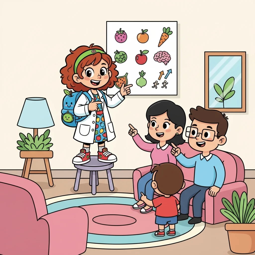 Sofia compartilhou seus novos conhecimentos com sua família e amigos. Ela explicou como a alimentação e os hábitos saudáveis podem ajudar a todos a ter um cérebro mais forte e um futuro mais brilhante.
