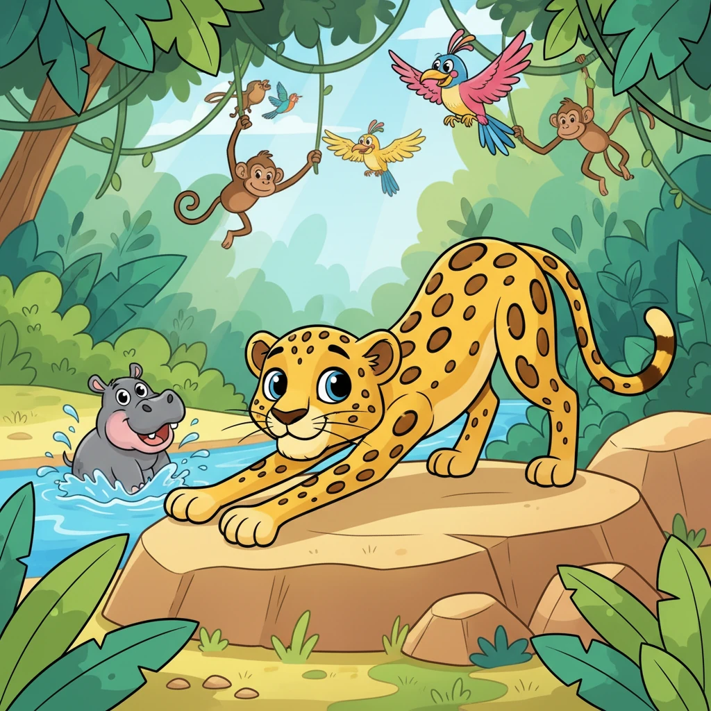 The Emerald Jungle was bursting with life, a symphony of chirps, roars, and rustles. Monkeys swung through sun-dappled trees, colorful birds soared overhead, and a cheerful hippo splashed in the sparkling river. Leo, a sleek and curious leopard, stretched lazily on a warm rock, enjoying the peaceful morning.