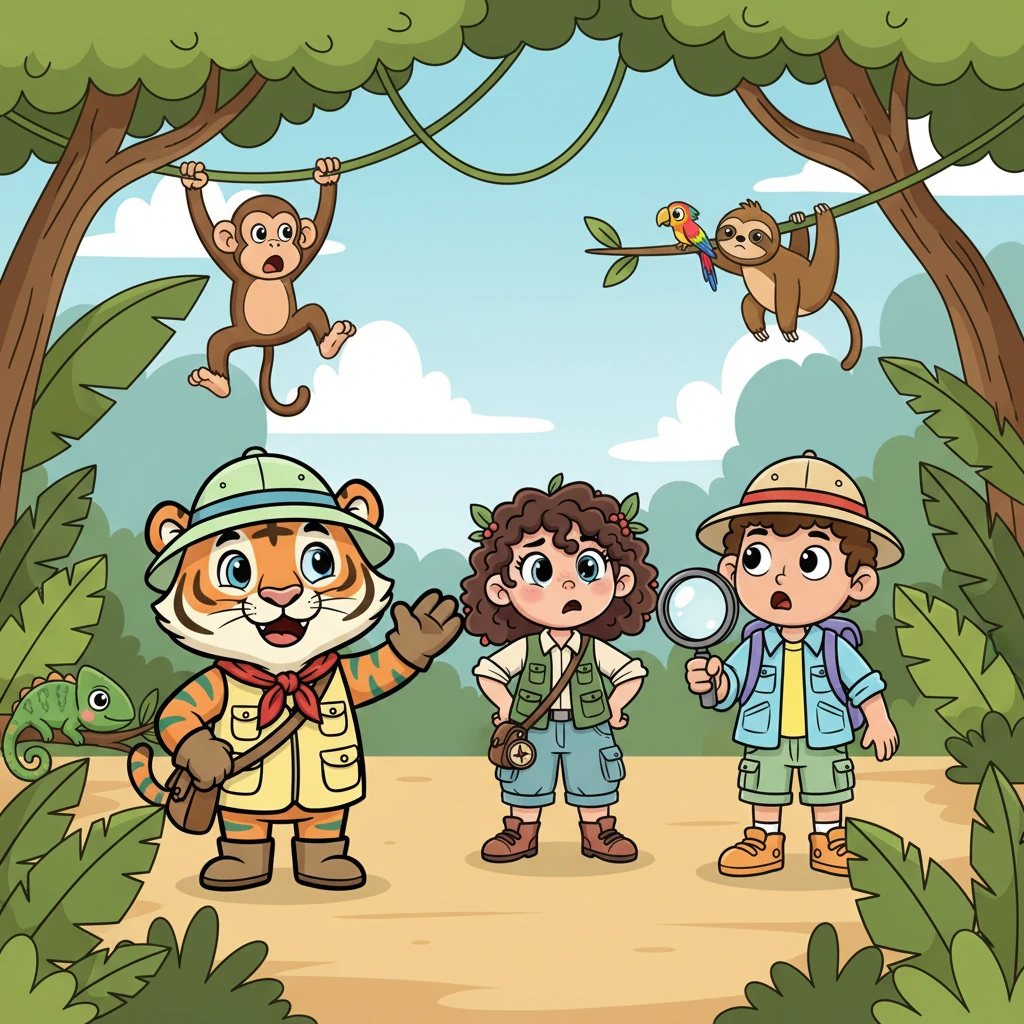 Suddenly, a strange, rumbling sound echoed through the trees, unlike any jungle noise. Animals paused their playful antics, their ears twitching with concern. A curious hush fell over the normally bustling forest, as everyone wondered what new mystery was approaching.