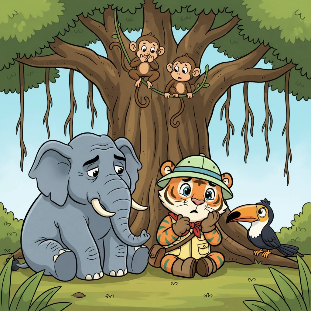 Leo, known for his bravery, gathered his friends beneath the ancient Great Banyan tree. A wise old elephant, a giggling troop of monkeys, and a nervous toucan shared their worries. Leo listened intently, his expressive eyes reflecting their shared concern for their beloved home.