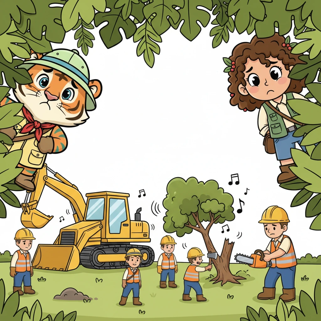 Through the dense foliage, the animals spotted big, noisy machines lumbering into their clearing. Strange-looking people in bright, clunky clothes jumped out, carrying shiny tools. They began to chop down a small tree, and the sound echoed sadly through the once-peaceful air.