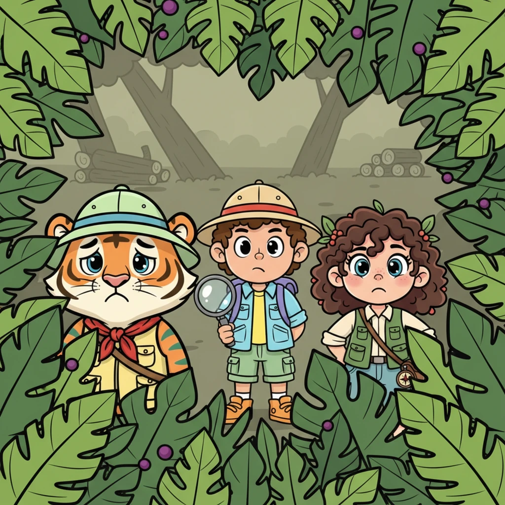 Hidden behind a screen of vibrant leaves, Leo and his friends watched, their faces filled with sadness. The colorful jungle seemed to dim slightly as more trees fell. But a spark of determination ignited in Leo's eyes; he knew they couldn't let this destruction continue.