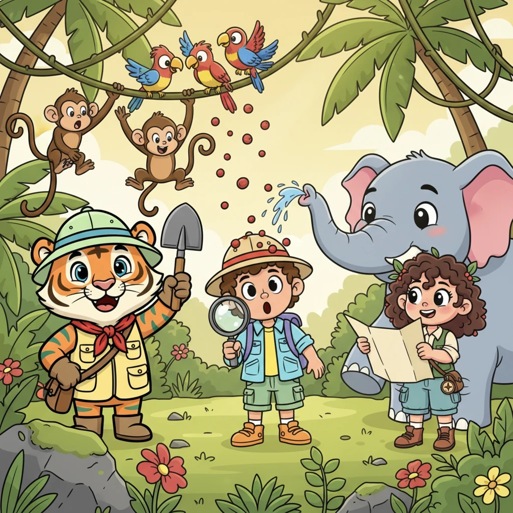 Operation Jungle Jumble began! Monkeys cleverly snatched shiny tools, birds dropped sticky berries onto the invaders' hats, and the elephant gently sprayed their maps with water. The jungle animals worked together, creating a symphony of harmless chaos.