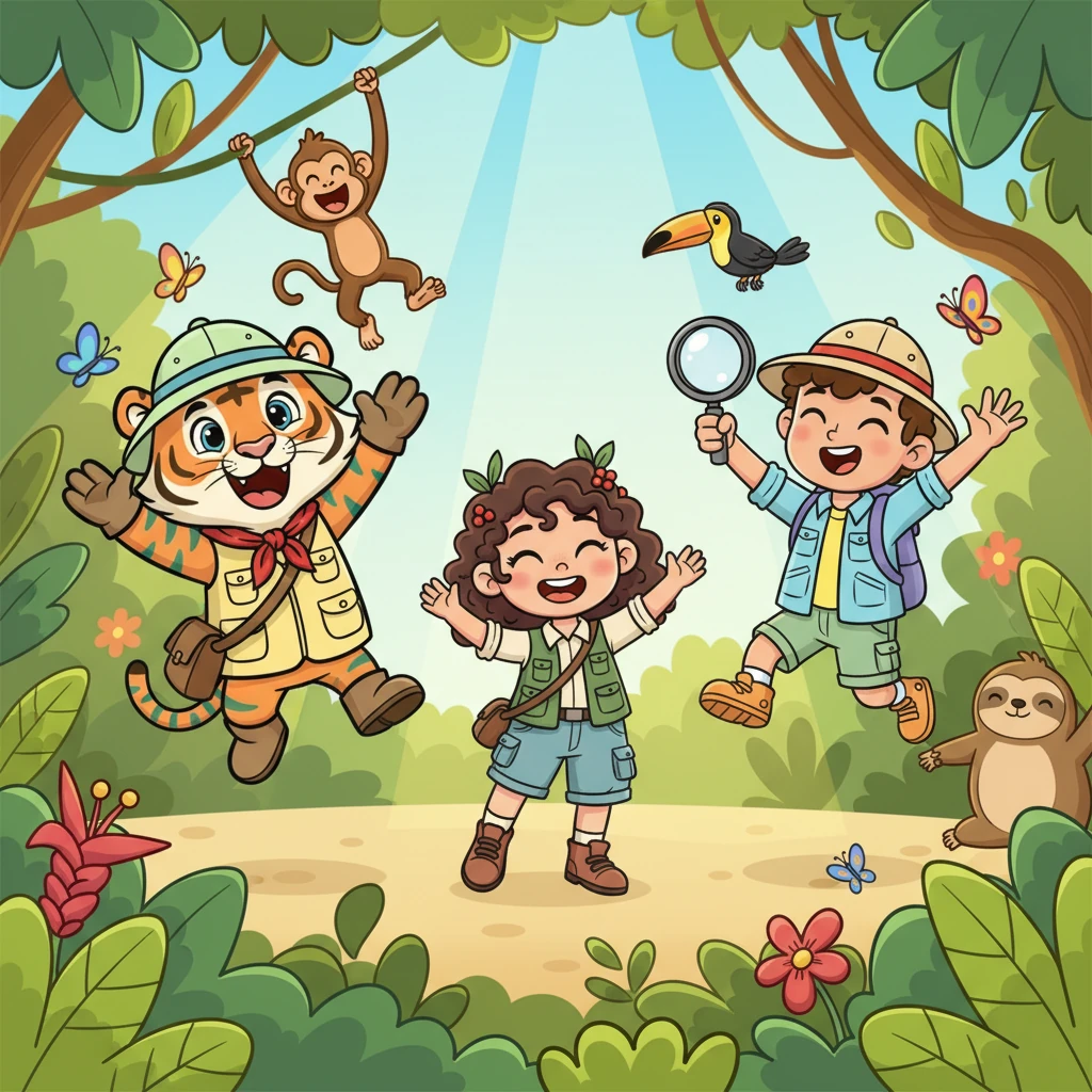 A mighty cheer erupted from the animals! Leo and his friends celebrated their clever victory, dancing and leaping with joy. The Emerald Jungle was safe once more, vibrant and bustling, thanks to their teamwork and brave hearts, promising to protect their home forever.