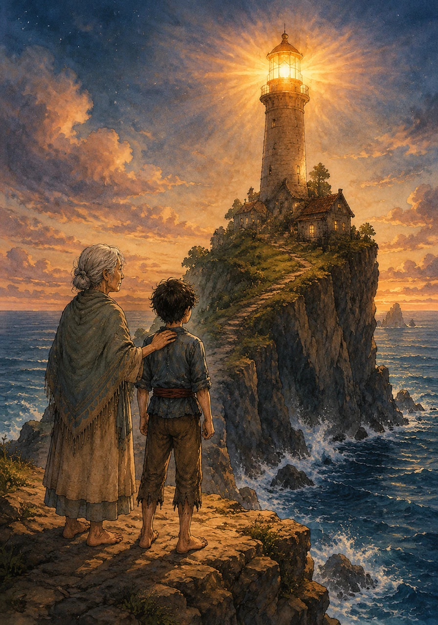 High on a jagged cliff at the edge of the world, Ember Island stood surrounded by the deep blue ocean. Its legendary lighthouse cast a warm, magical glow that never flickered, serving as a beacon of hope for every sailor who passed by.
