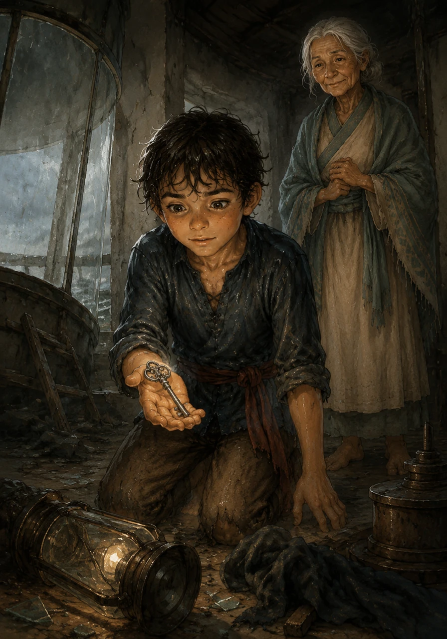 In the chaos of the shadows, Kian discovered a mysterious silver key left behind where the lighthouse keeper once stood. He felt the cold metal in his palm and knew that the safety of the island now rested solely in his small hands.