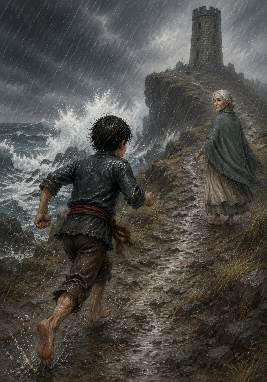 Braving the howling winds and stinging rain, Kian raced toward the looming silhouette of the stone tower. Giant waves crashed against the cliffs like thunder, but he kept his eyes fixed on the destination, driven by a newfound sense of purpose.