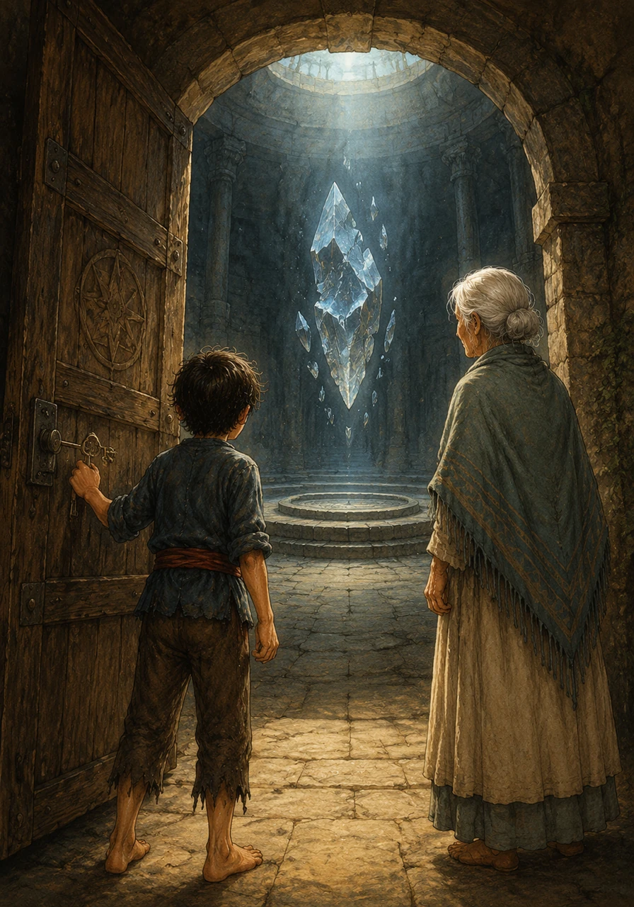 The heavy wooden door creaked open as the silver key turned perfectly in the lock, revealing a chamber filled with ancient secrets. Instead of fire or machinery, Kian found a vast, hollow space where a single, fractured crystal hung suspended in the air.