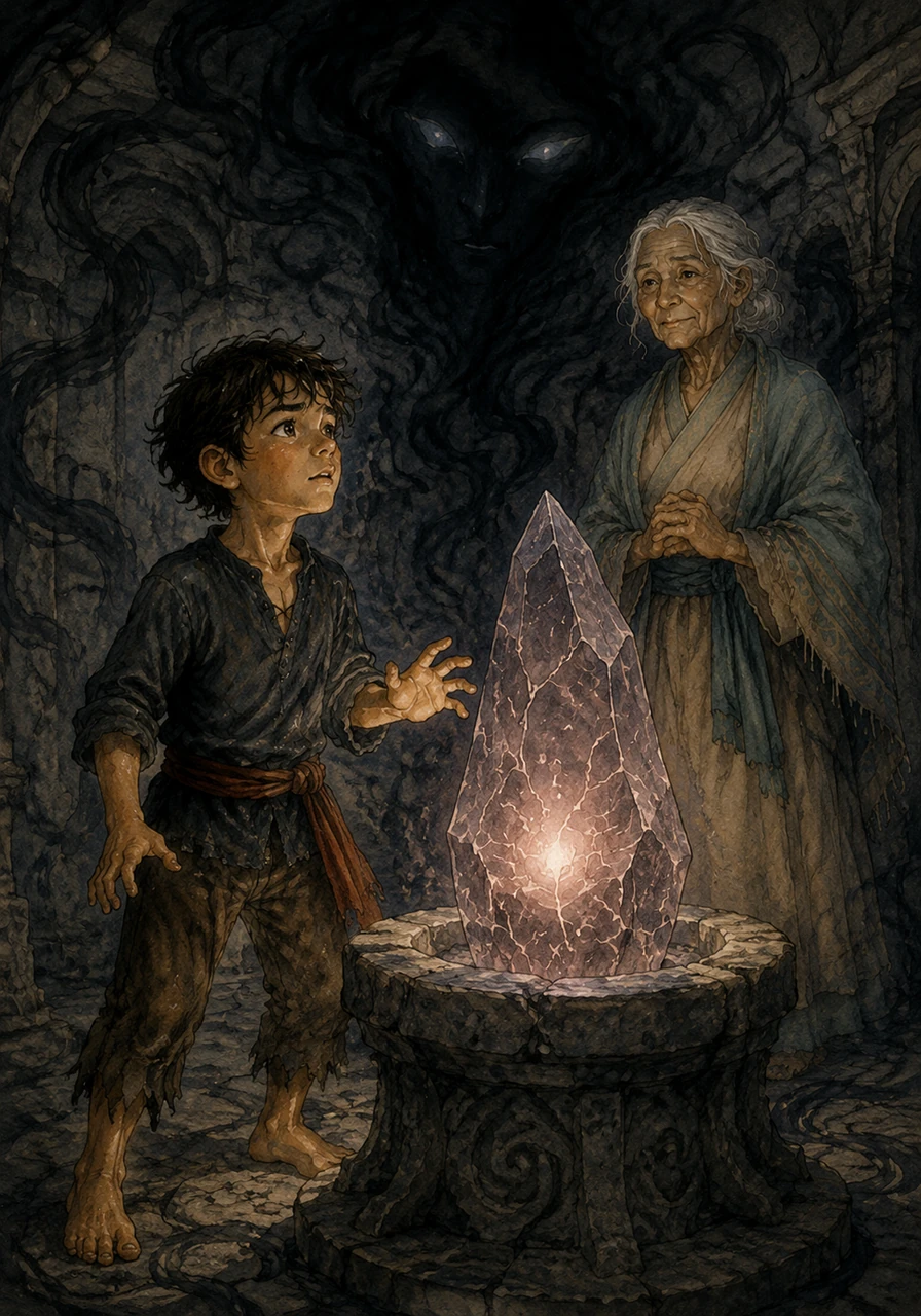 The crystal was dim and covered in thin cracks, pulsing with a weak, rhythmic light that seemed to mirror a heartbeat. A mysterious voice echoed through the stone walls, challenging Kian to face the shadows lurking within his own heart to save the light.
