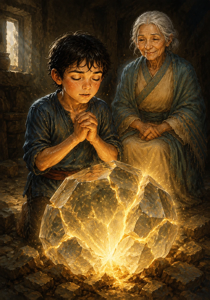 Kian closed his eyes and confronted his deepest doubts about the unknown world beyond his home. As he whispered his courage into the silence, the cracks in the crystal began to fill with a brilliant, golden radiance that pushed back the gloom.