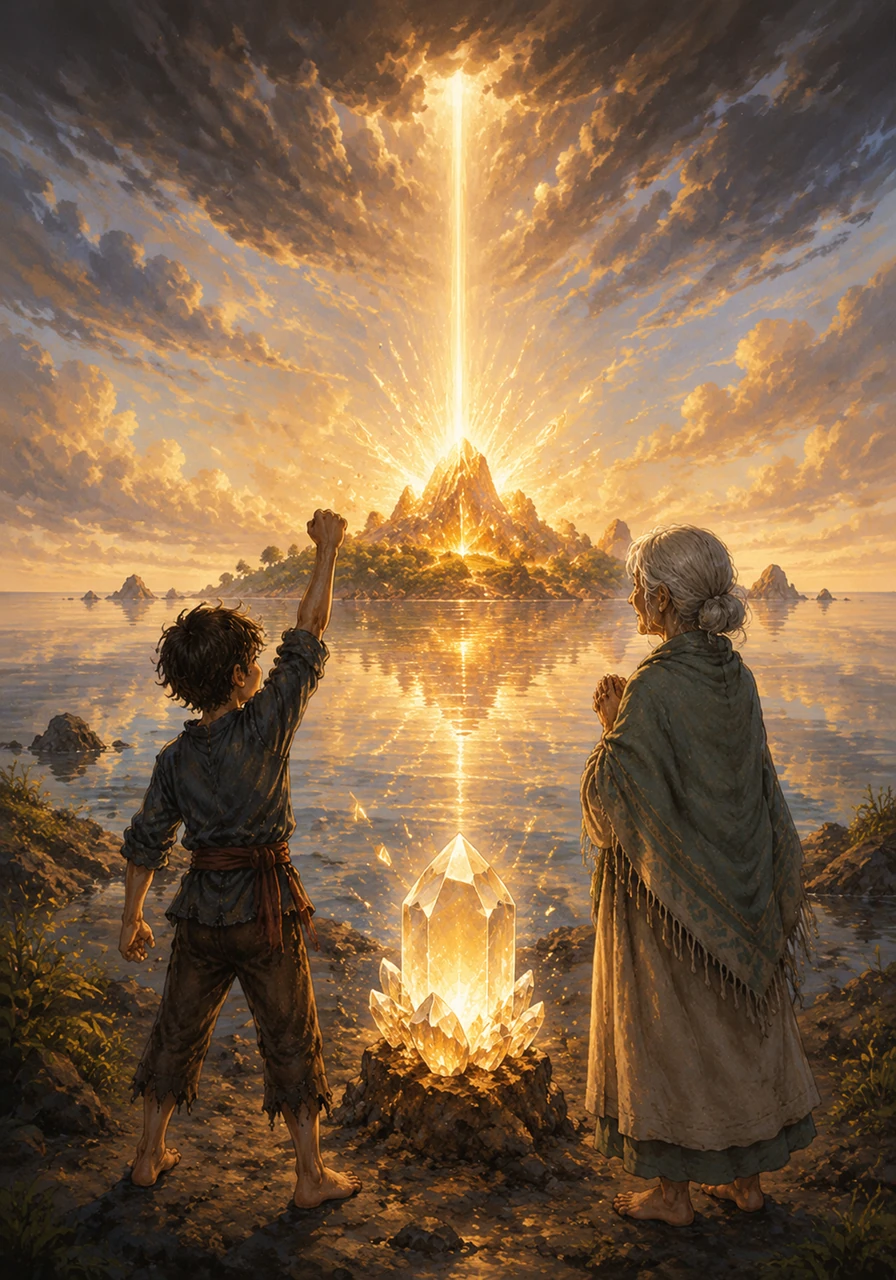 With a triumphant burst of energy, the crystal healed itself and sent a powerful beam of light piercing through the storm clouds. The wind died down to a whisper, and the ocean became a calm mirror reflecting the restored glow of Ember Island.
