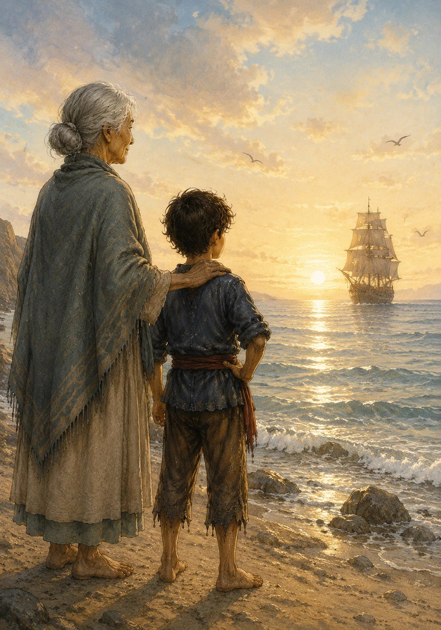 The next morning, Kian stood on the shore with his grandmother, watching a new ship appear on the horizon. He was no longer the boy who just wondered about the world; he was a guardian ready to explore everything the sea had to offer.