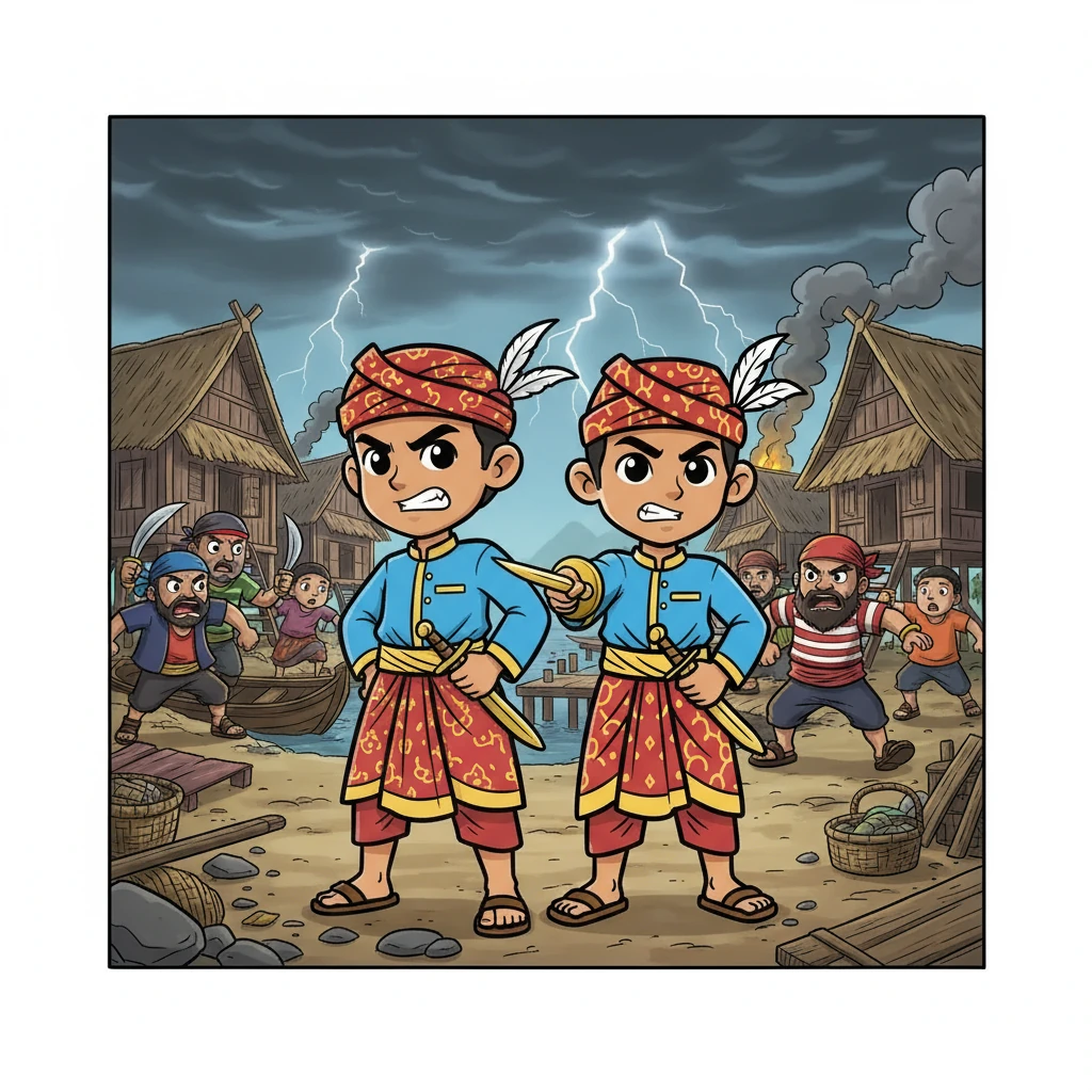 Suatu hari, kampung mereka diserang oleh lanun jahat. Penduduk kampung ketakutan, tetapi Hang Tuah dan Hang Jebat tidak gentar. Dengan keberanian yang luar biasa, mereka berdua melawan lanun tersebut, melindungi kampung halaman mereka.