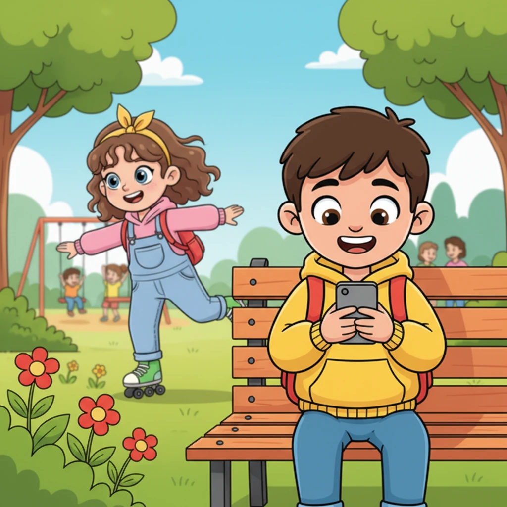 Leo sat on a sunny park bench, phone clutched tight, a hopeful grin on his face. In the background, Maya zipped by on roller skates, a blur of energy, completely unaware of his presence. The vibrant park buzzed around him, but Leo's world was focused on just one person.