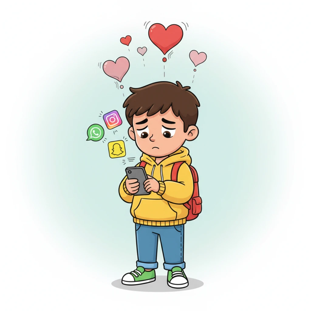 A flurry of colorful icons popped up on Leo's phone screen: WhatsApp, Instagram, Snapchat, and more, all showing messages sent. He scrolled through them, his brow furrowed in confusion, not a single reply appearing. Little cartoon hearts above his head deflated with each empty notification.