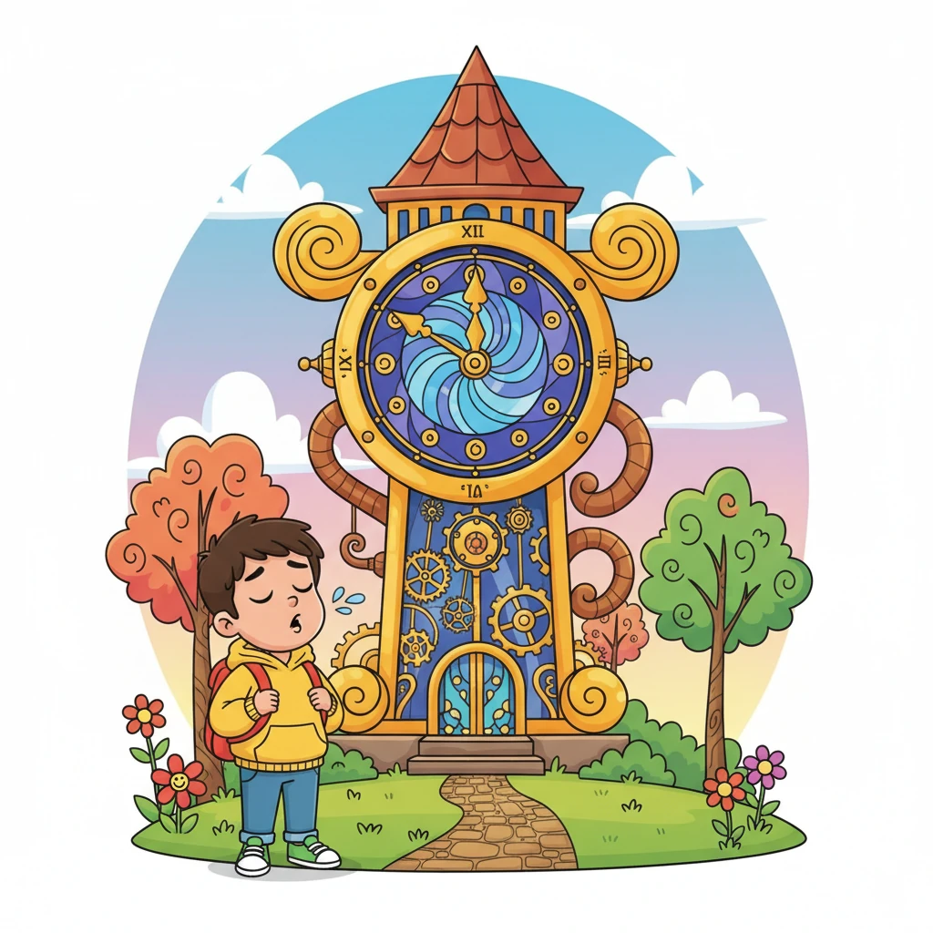 A giant, whimsical clock stood tall in the park, its golden hands slowly, deliberately ticking forward. Leo stared at it, his initial excitement replaced by a growing sigh. The minutes stretched into hours, marked only by the clock's steady, unyielding rhythm.