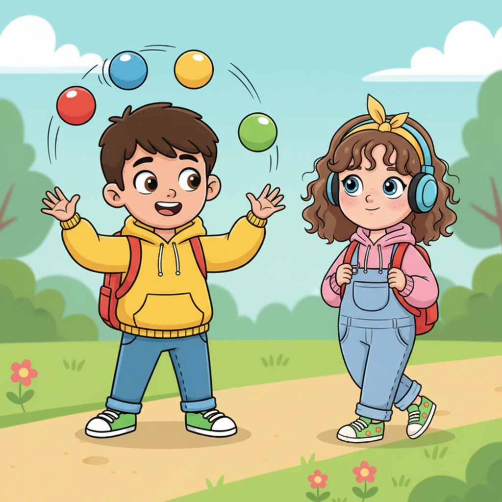 Determined to catch her eye, Leo tried juggling three bright, bouncy balls with exaggerated flair. Maya strolled past, humming a tune, her headphones firmly in place, not even a peek in his direction. His colorful performance went completely unnoticed.