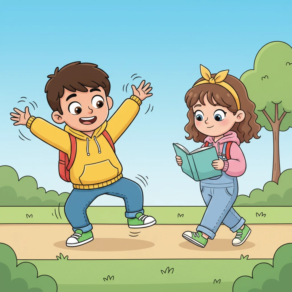 Next, Leo attempted a silly dance, spinning and wiggling with all his might, hoping to make her laugh. Maya walked by, absorbed in a book, a tiny smile playing on her lips, but it wasn't for him. Leo's energetic moves vanished into thin air.