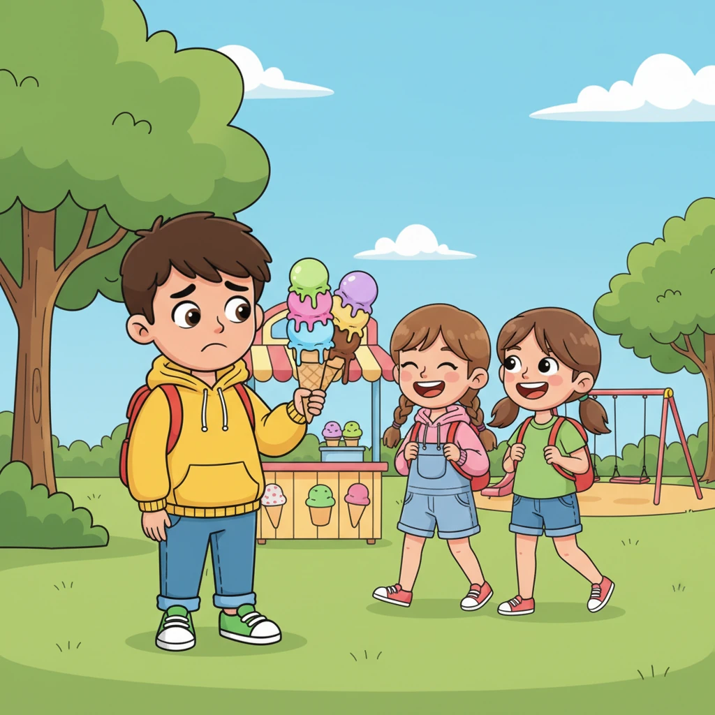 Leo tried to stage a "chance" encounter at the park's vibrant ice cream stand, holding up two towering cones. But Maya, chatting happily with a friend, simply bypassed him, heading towards the swings. His grand plan melted faster than the ice cream.