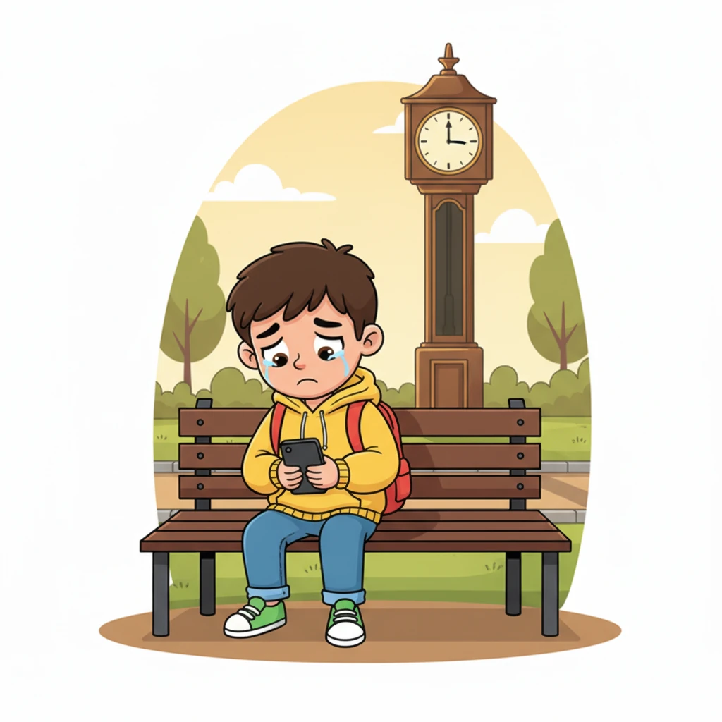 Back on the familiar park bench, Leo slumped, his shoulders drooping like wilting flowers. His phone remained stubbornly silent, a blank screen reflecting his disappointment. The big clock's shadow now stretched long, emphasizing the endless wait.