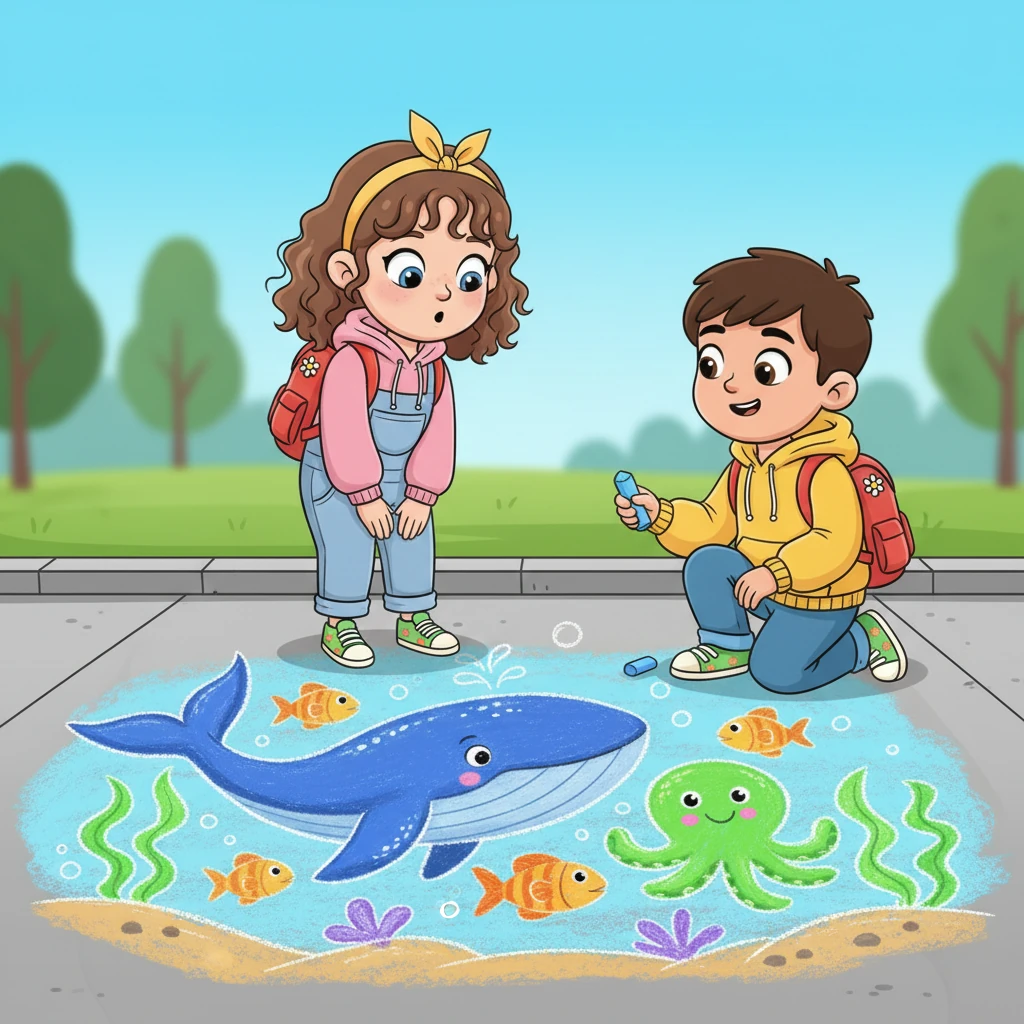 Maya, her path taking her past Leo's artistic creation, finally slowed her pace. Her eyes widened slightly as she spotted the vibrant chalk drawing. A small, curious smile began to form on her lips.