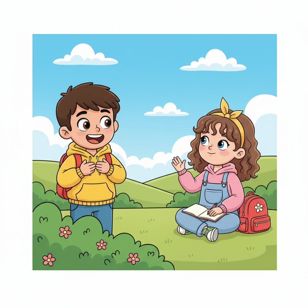 From behind a playful bush, Leo watched with bated breath, his heart doing a joyful drum solo. Maya looked up from the drawing, glanced towards his hiding spot, and offered a shy, sweet wave. Leo's face lit up, a universe of possibility finally opening.