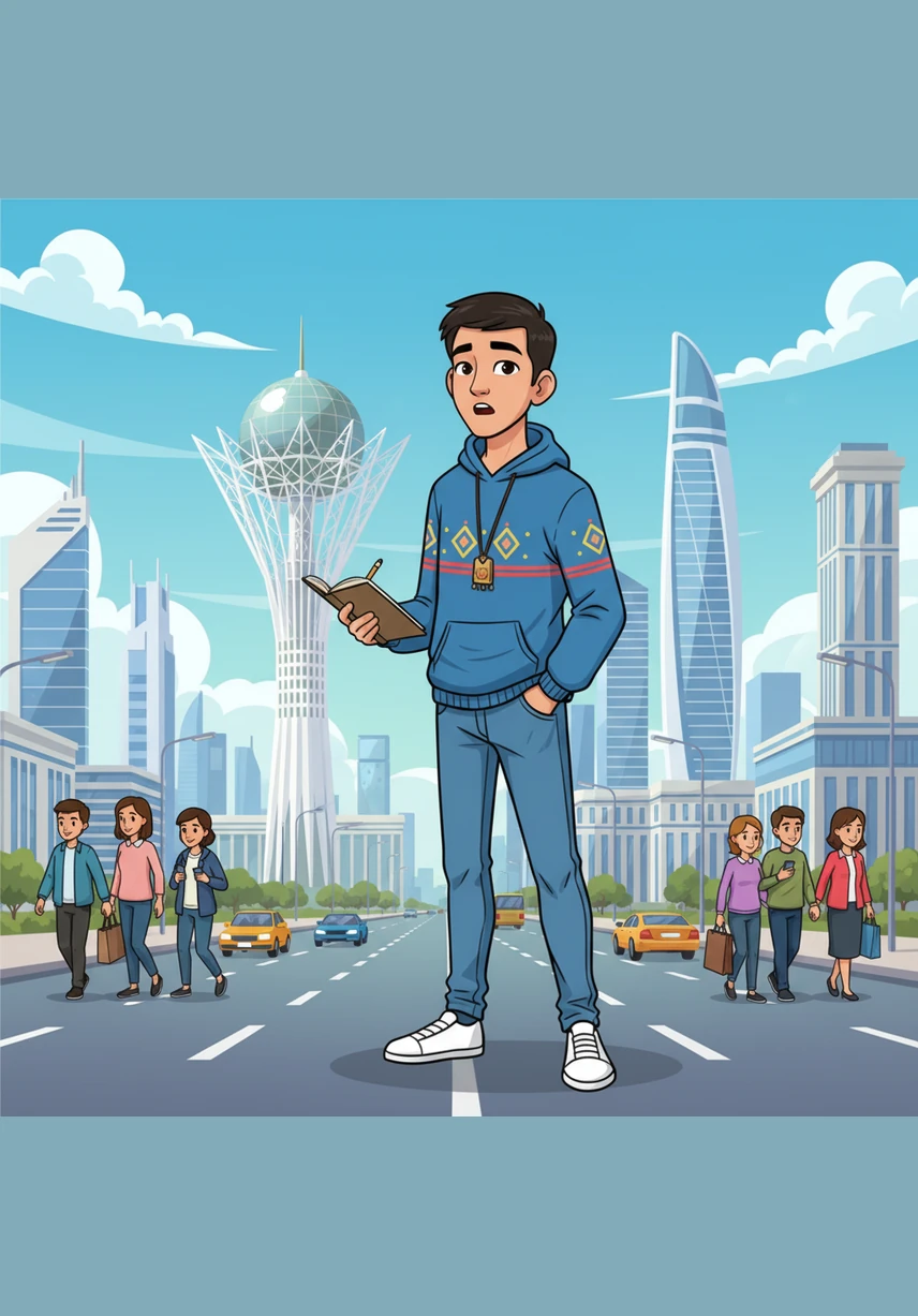Young Alisher arrives in the bustling city of Astana, a place once known as Akmola. He carries a small sketchbook and looks around in awe at the second-largest city in Kazakhstan, ready to capture its wonders.