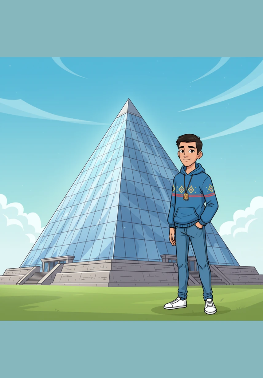 His first stop is the magnificent Palace of Peace and Reconciliation, a perfect pyramid rising sixty-two meters into the sky. Its silver and glass surface glints in the bright sun, standing tall on its massive square base.
