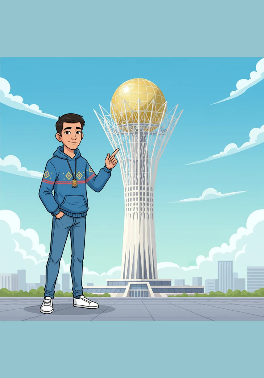Walking further, Alisher spots the Bayterek Tower, the most famous landmark that looks like a giant, golden tree. It stretches one hundred and five meters high, holding a mysterious glass egg safely in its branches.