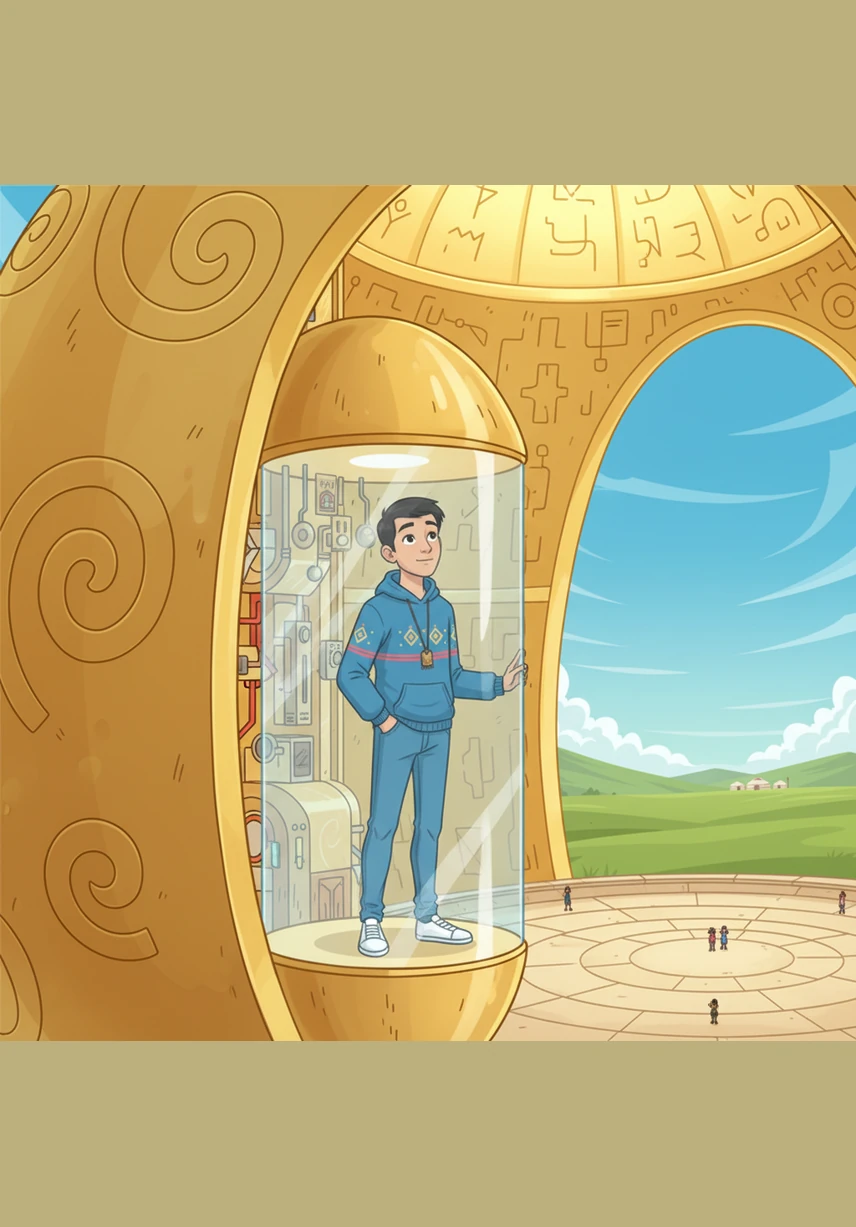 Alisher takes the elevator up into the golden egg, feeling like he is floating high above the city streets. The sunlight pours through the yellow-tinted glass, bathing the observation deck in a warm, magical glow.