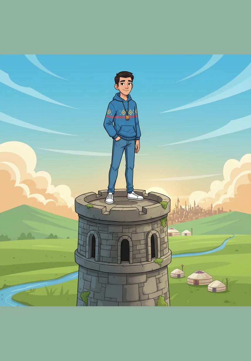 From the top of the tower, he gazes out at the breathtaking panoramic view of the youngest capital in the world. He sees the Ishim River winding through the modern architecture and the vast green parks below.