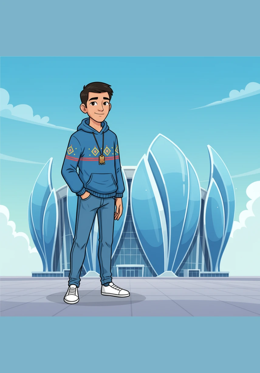 Next, Alisher visits the Central Concert Hall, which is shaped like the delicate petals of a blooming flower. The blue and white structure looks as if it is dancing in the wind against the backdrop of the clear blue sky.