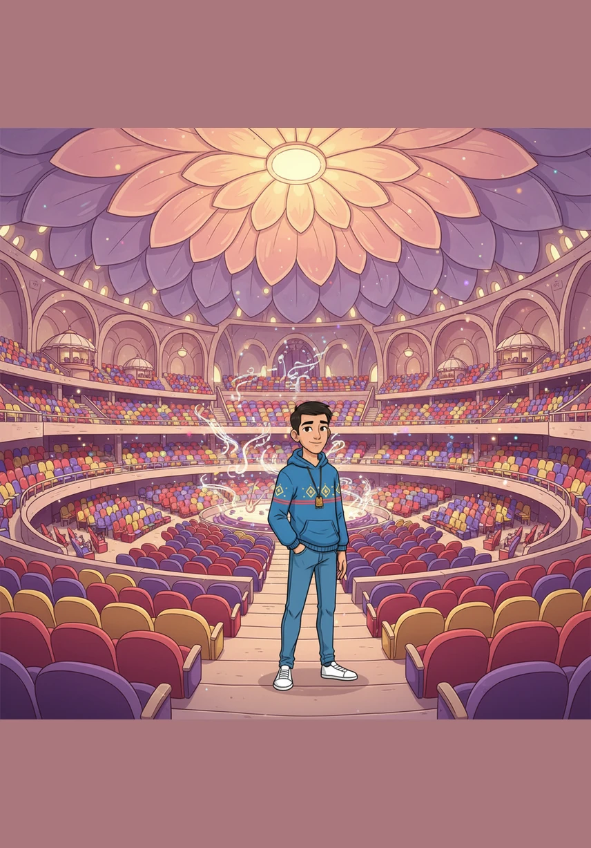 He steps inside the flower to find a massive concert hall filled with thousands of seats and cozy restaurants. The sound of distant music echoes through the halls, making the building feel alive with creative energy.