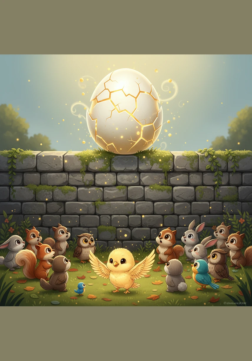 The legendary stone wall stood silent as the heavy white shell finally began to crack from within. Instead of a spill, a brilliant golden light seeped through the fissures, revealing a tiny, feathered creature with wings that shimmered like pure sunlight.