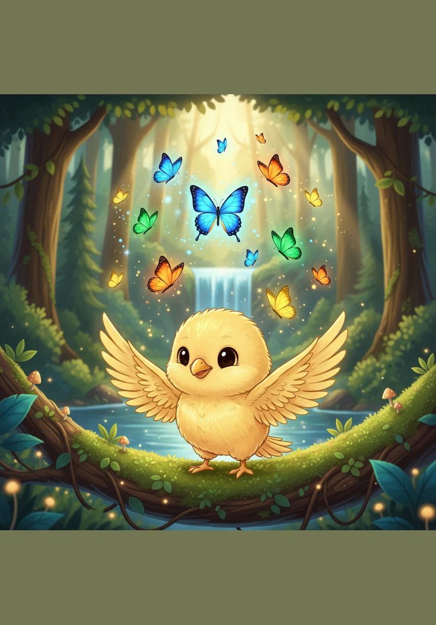 He landed softly on a sturdy, moss-covered branch at the very crown of the Great Oak, feeling the solid wood beneath his talons. He looked out over the horizon and realized that the world was much bigger and more beautiful than he had ever dared to imagine.