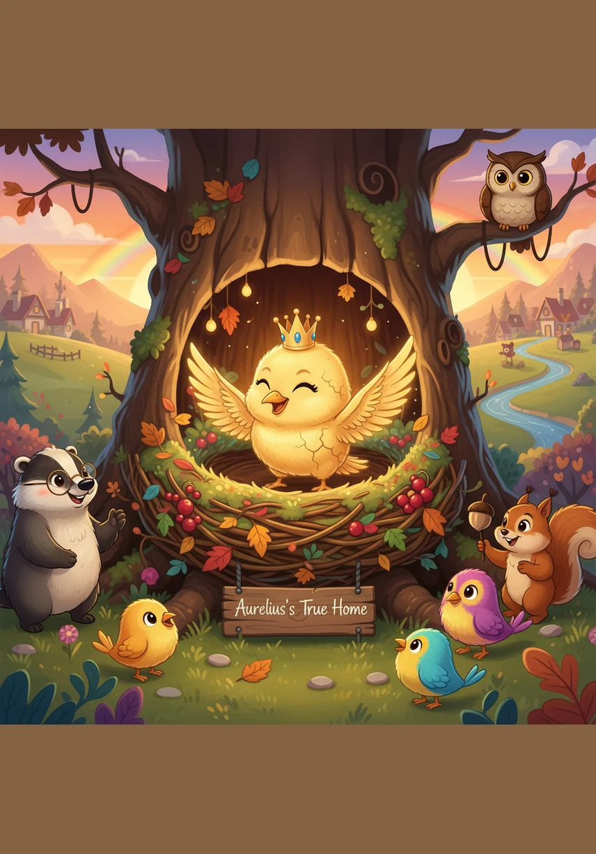 A chorus of cheerful chirps greeted him as a group of colorful forest birds landed on the branches nearby. They welcomed Aurelius to their home, and he realized that his old shell was gone, but he had finally found where he truly belonged.