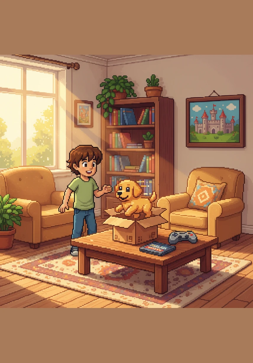 Leo stares wide-eyed at the fluffy golden puppy sitting in a cardboard box, his tail wagging like a windshield wiper. Today is Day One of their big adventure, and Leo holds a small guidebook titled How to Train Your Dog in 15 Days. The living room is bright and filled with the excitement of a new beginning.