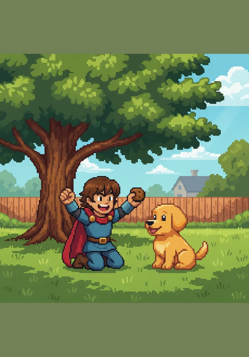 Under the shade of a backyard oak tree, Leo holds a biscuit just above Barnaby’s nose and slowly moves it back toward his ears. Barnaby’s bottom hits the grass for the first time as he follows the treat, and Leo cheers loudly. They have mastered the sit command, and Barnaby looks very proud of himself.